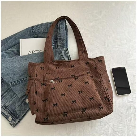 Corduroy Tote Bag for Women Large Shoulder Bag with Zipper Stylish and Practical - Picture 2 of 7